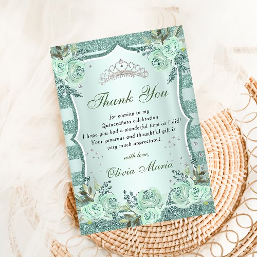 Silver Royal Green Quinceanera Thank You Card