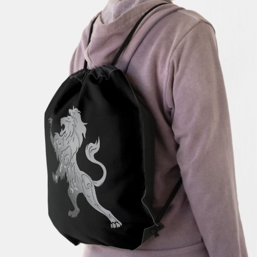 Silver Royal Lion on Black  Drawstring Bag