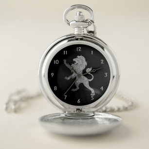 Silver Royal Lion on Black  Pocket Watch