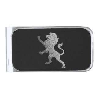Silver Royal Lion on Black  Silver Finish Money Clip