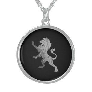 Silver Royal Lion on Black Sterling Silver Necklace
