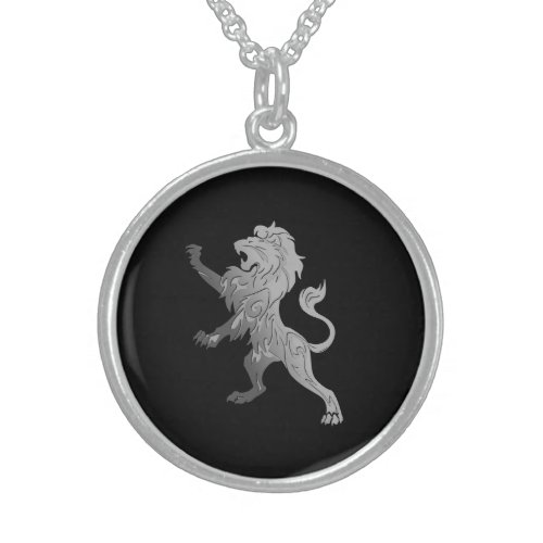 Silver Royal Lion on Black  Sterling Silver Necklace