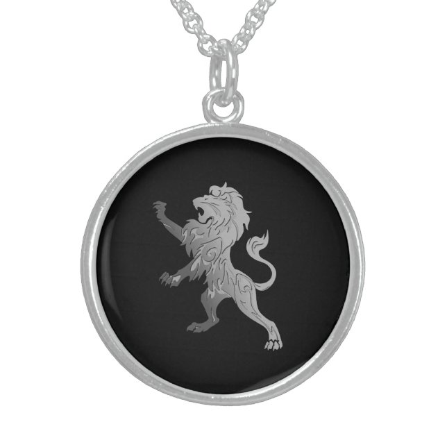 Silver Royal Lion on Black  Sterling Silver Necklace (Front)