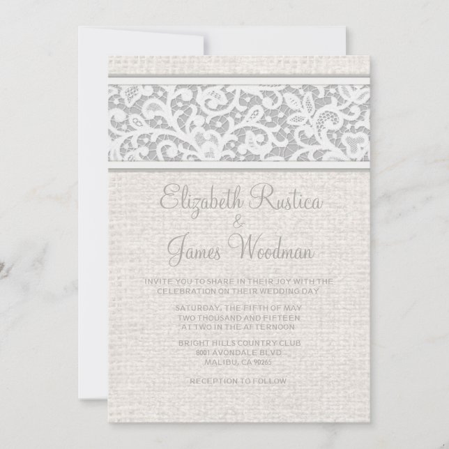 Silver Rustic Burlap & Linen Wedding Invitations (Front)