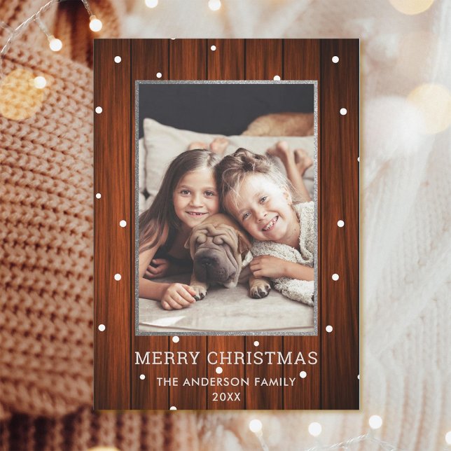 Silver | Rustic Country Wood Photo Christmas Holiday Card (Creator Uploaded)