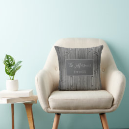 Silver Rustic Wood Farmhouse Family Name Throw Pillow