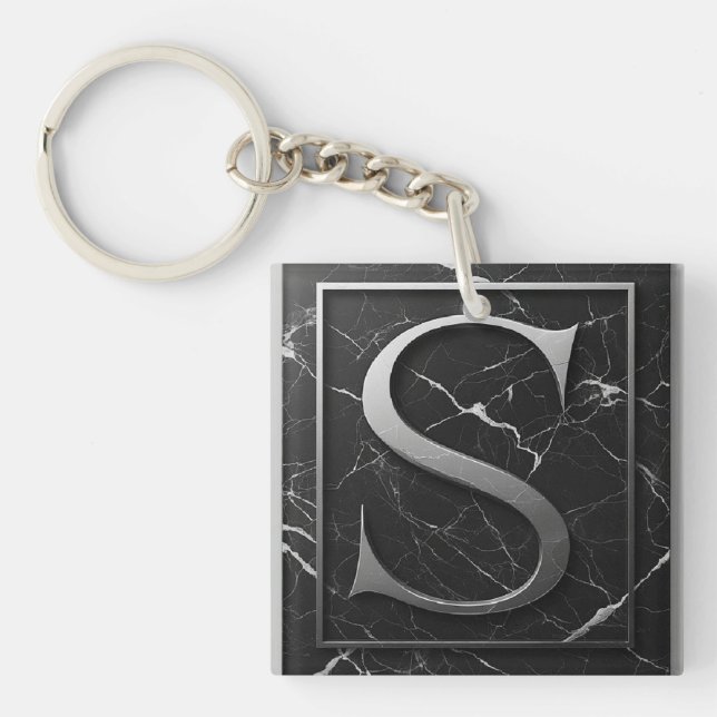 ⚜️ Silver S Stone Crest On Black Marble Frame 🔑 Keychain (Front)