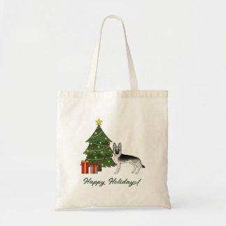 Silver Sable German Shepherd And Green Christmas Tote Bag