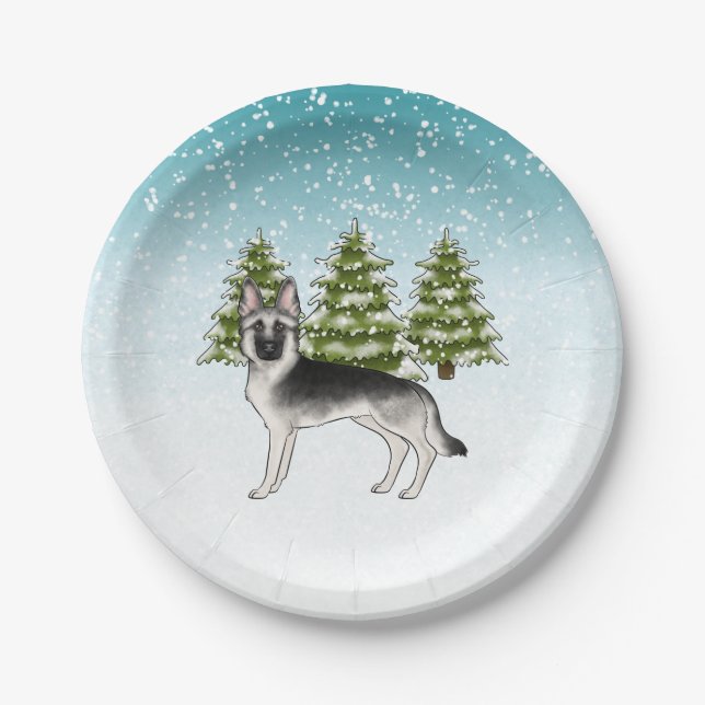 Silver Sable German Shepherd Blue Winter Forest Paper Plates (Front)
