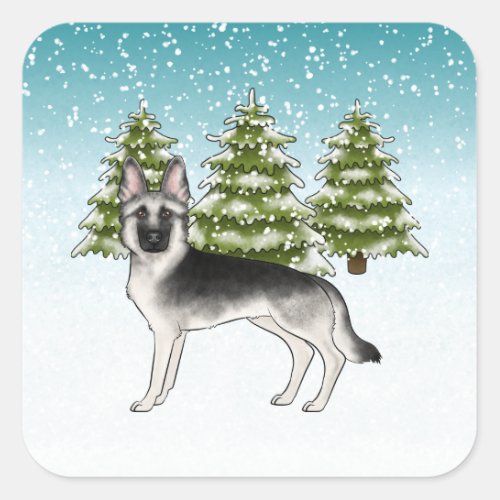 Silver Sable German Shepherd Blue Winter Forest Square Sticker