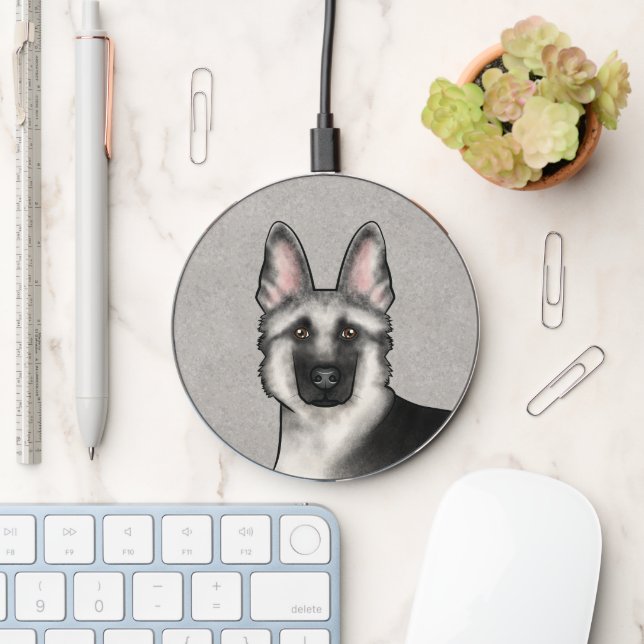 Silver Sable German Shepherd Cartoon Dog Head Gray Wireless Charger (Desk)