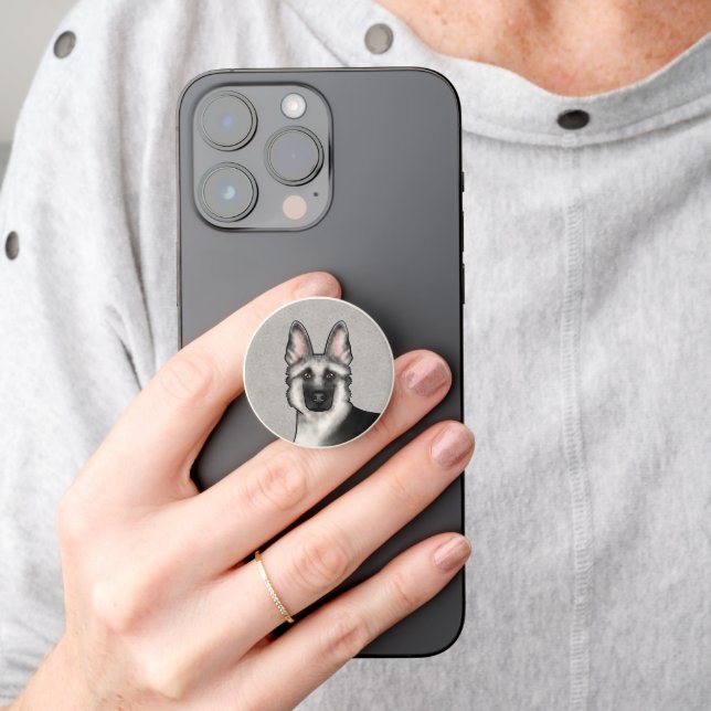 Silver Sable German Shepherd Cute Cartoon Dog Head PopSocket (Hand)