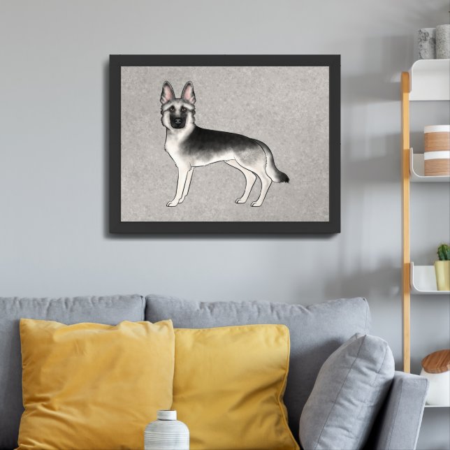 Silver Sable German Shepherd Cute Dog Illustration Framed Art (Living Room 3)