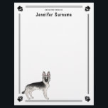 Silver Sable German Shepherd Dog And Custom Text Letterhead<br><div class="desc">Destei's original cartoon illustration of a silver sable / black and silver color German Shepherd breed dog. The dog is placed in one corner and the design is framed by borders that have a dog paw print in each corner. On the top there are two personalizable text areas.</div>