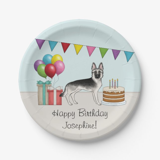 Silver Sable German Shepherd Dog Colorful Birthday Paper Plates (Front)