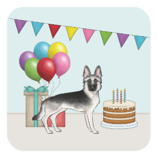 Silver Sable German Shepherd Dog Colorful Birthday Square Sticker
