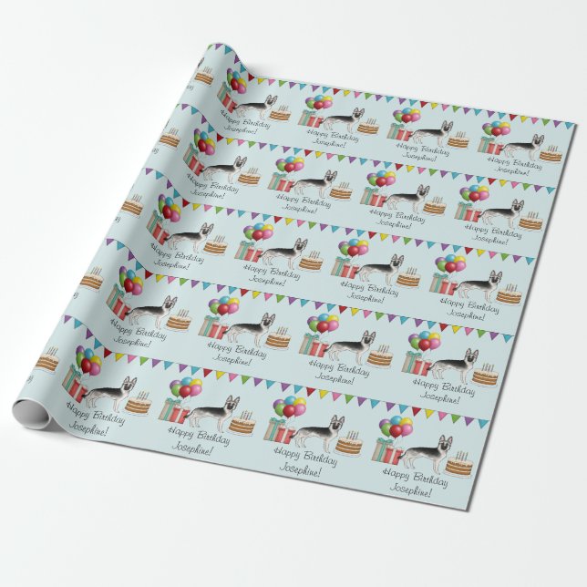 Silver Sable German Shepherd Dog Colorful Birthday Wrapping Paper (Unrolled)