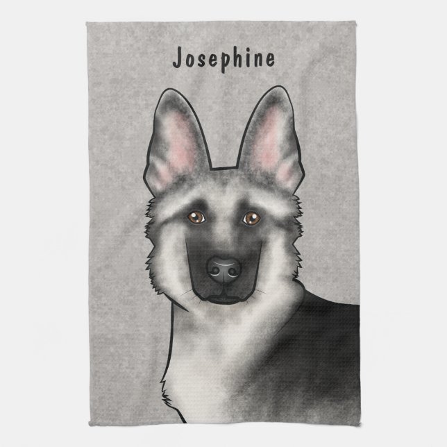 Silver Sable German Shepherd Dog Head And Name Kitchen Towel (Vertical)