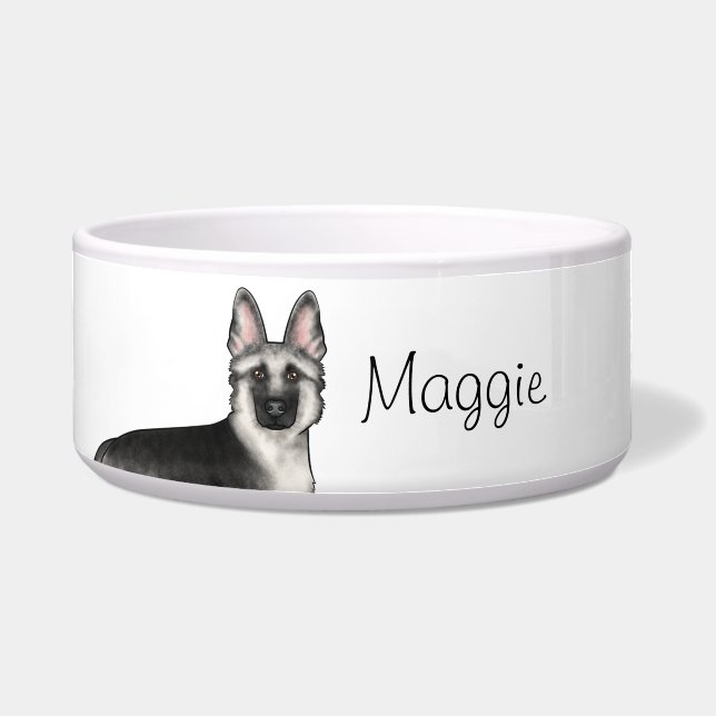Silver Sable German Shepherd Dog Head Custom Name Bowl (Front)