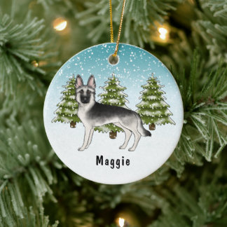 Silver Sable German Shepherd Dog In Winter Forest Ceramic Ornament