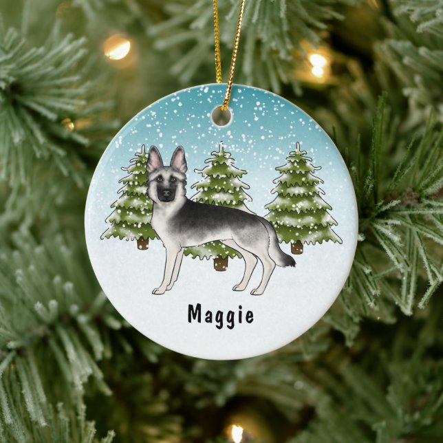 Silver Sable German Shepherd Dog In Winter Forest Ceramic Ornament (Tree)