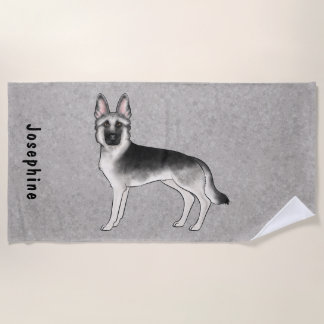 Silver Sable German Shepherd Dog With Custom Name Beach Towel