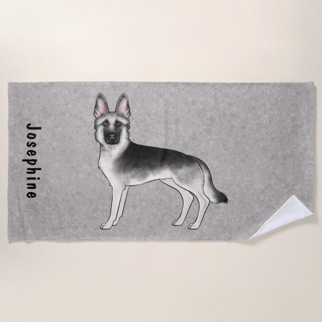 Silver Sable German Shepherd Dog With Custom Name Beach Towel (Front)