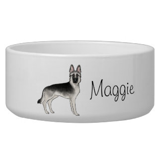 Silver Sable German Shepherd Dog With Custom Name Bowl