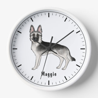 Silver Sable German Shepherd Dog With Custom Text Clock