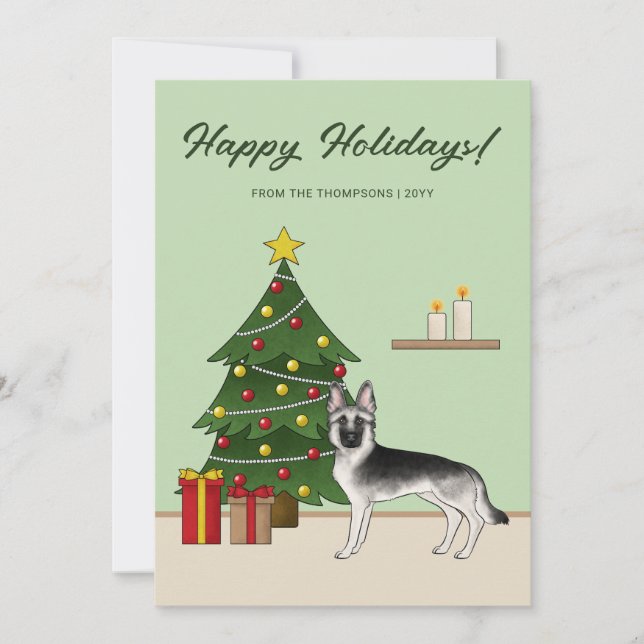 Silver Sable German Shepherd Festive Christmas Holiday Card (Front)