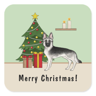 Silver Sable German Shepherd Festive Christmas Square Sticker
