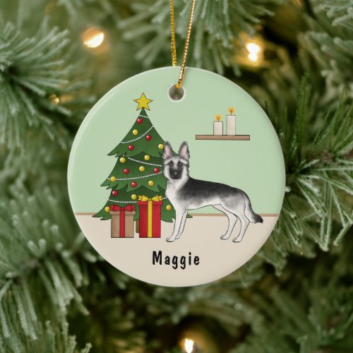 Silver Sable German Shepherd Green Christmas Tree Ceramic Ornament