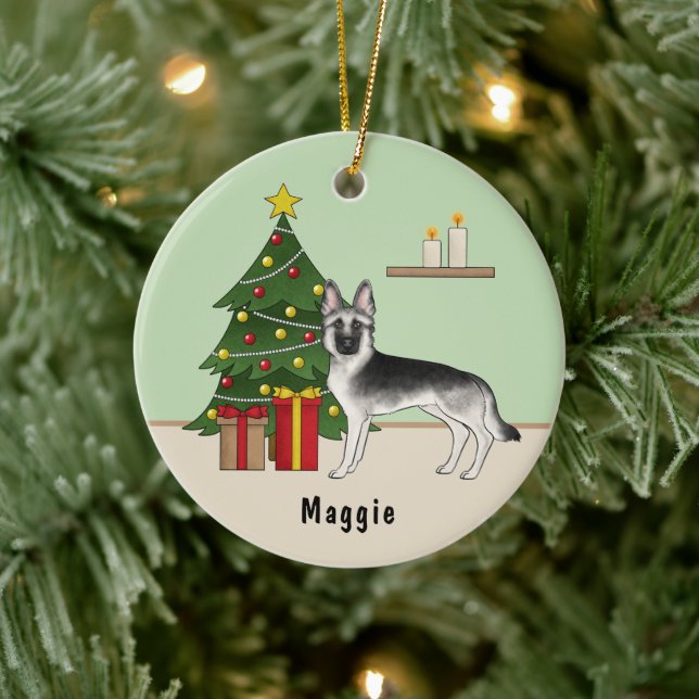Silver Sable German Shepherd Green Christmas Tree Ceramic Ornament (Tree)