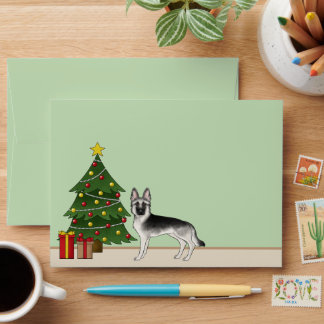 Silver Sable German Shepherd Green Christmas Tree Envelope
