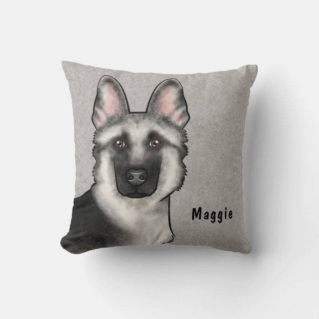 Silver Sable German Shepherd Head And Custom Name Throw Pillow (Front)