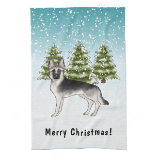 Silver Sable German Shepherd In Winter With Text Kitchen Towel