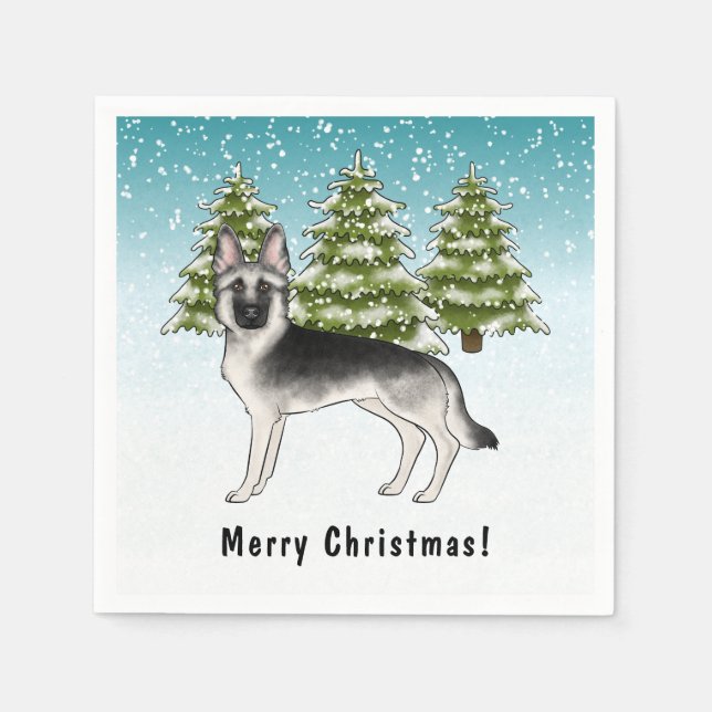 Silver Sable German Shepherd In Winter With Text Napkins (Front)