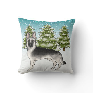 Silver Sable German Shepherd Snowy Winter Forest Throw Pillow