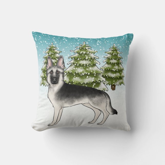 Silver Sable German Shepherd Snowy Winter Forest Throw Pillow (Front)