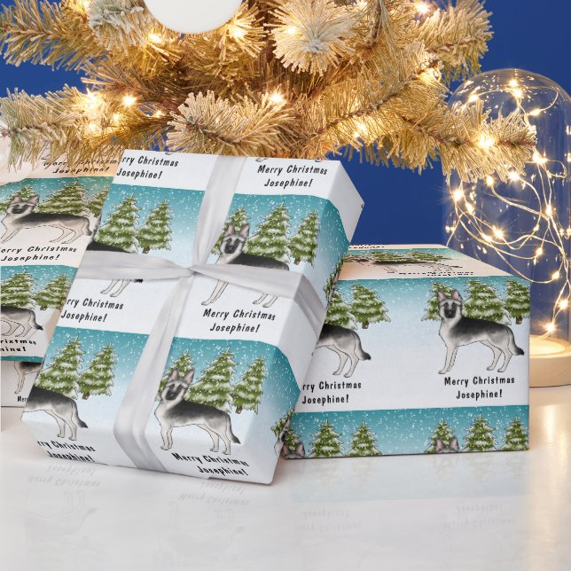 Silver Sable German Shepherd Snowy Winter Forest Wrapping Paper (Holidays)