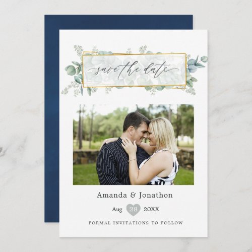 Silver Sage and Navy Eucalyptus Geometric Wedding Save The Date