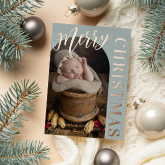 Silver Sage Arch Shaped Photo Merry Christmas Foil Holiday Card