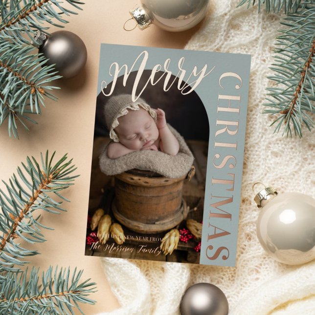 Silver Sage Arch Shaped Photo Merry Christmas Foil Holiday Card (Creator Uploaded)