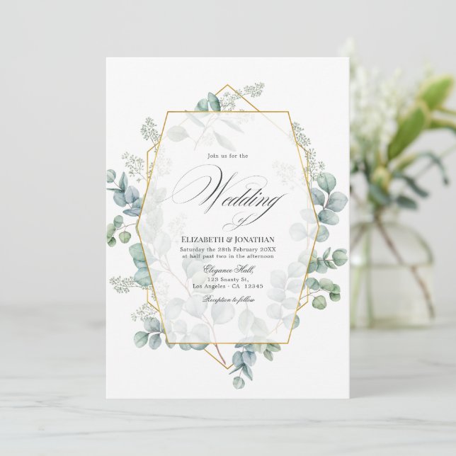 Silver Sage Eucalyptus Geometric Wedding Invitation (Standing Front)