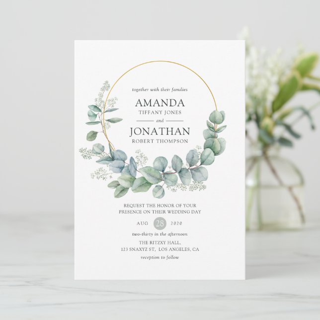 Silver Sage Geometric Eucalyptus Wedding Invitation (Standing Front)