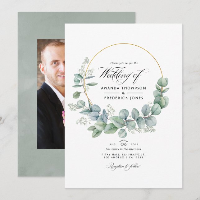 Silver Sage Geometric Eucalyptus Wedding Photo Invitation (Front/Back)