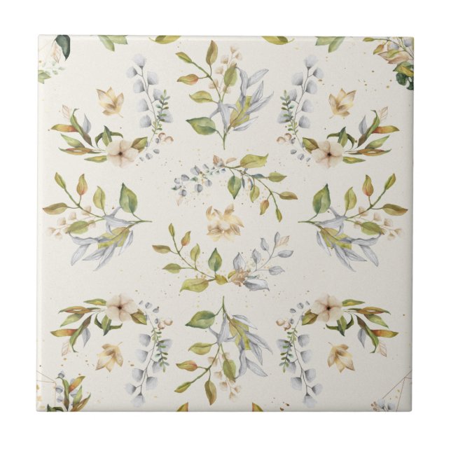 Silver, Sage, Gold, Cream Floral Seamless Clear Ceramic Tile (Front)
