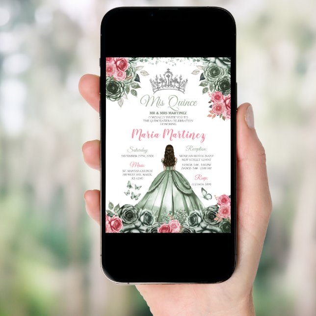 Silver Sage Green and Pink Princess Mis Quince Invitation (Front Digital)
