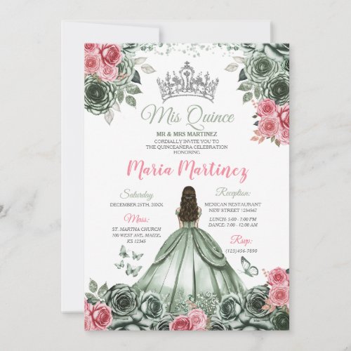 Silver Sage Green and Pink Princess Mis Quince Invitation