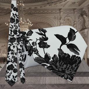 Silver Sage Green & Black Floral Wedding Neck Tie